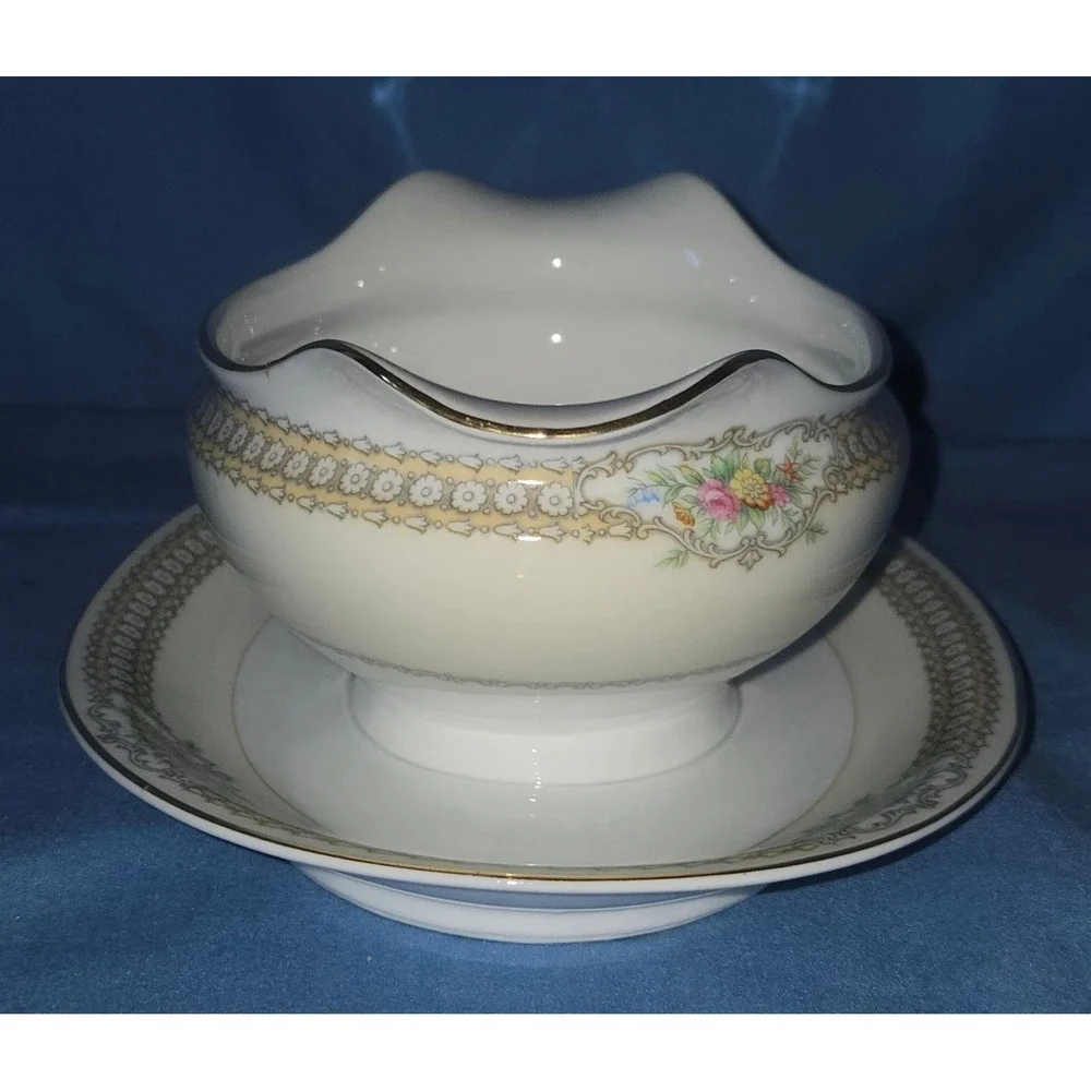 Noritake China Rodista 590 Gravy Boat Attached Underplate Vintage Japan Gold